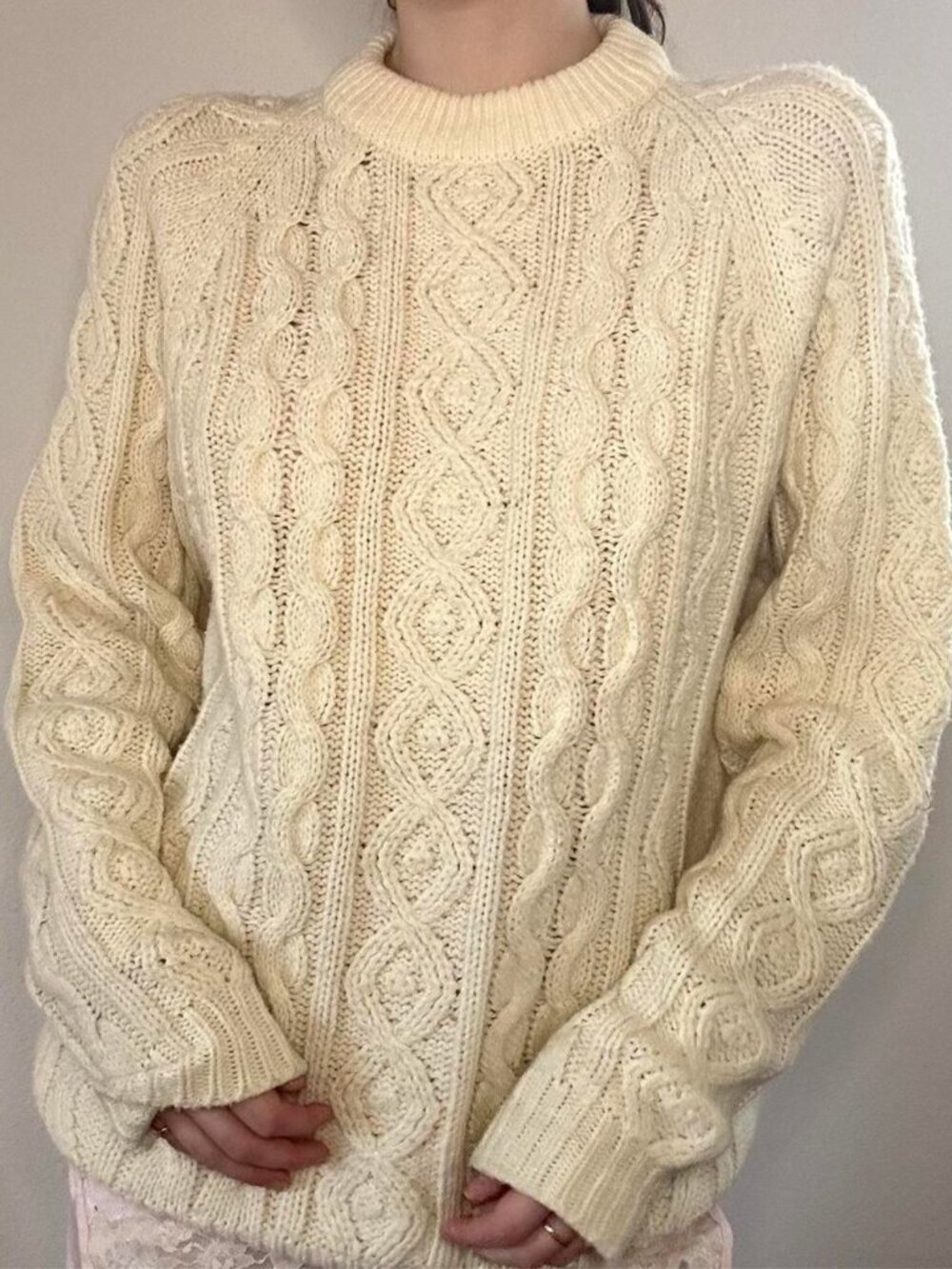 Vintage Sears Kings Road Cream Cable-Knit Fisherman Sweater | Size L